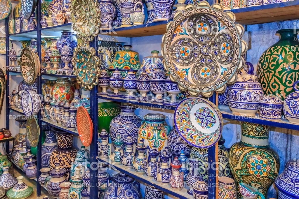 Fes Morocco May 11 2013 Moroccan ceramics handicrafts on display in a pottery shop