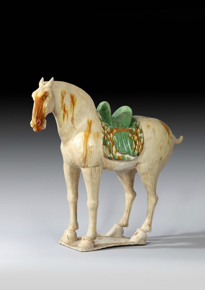 A Fine Chinese Sancai glazed Pottery Horse Tang Dynasty 618 907 AD. Dimensions Height 59 cm Length 59 cm . Provenance The estate of the late Edward St George. Photos courtesy Gibson Antiques Ltd.